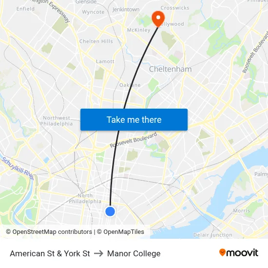 American St & York St to Manor College map