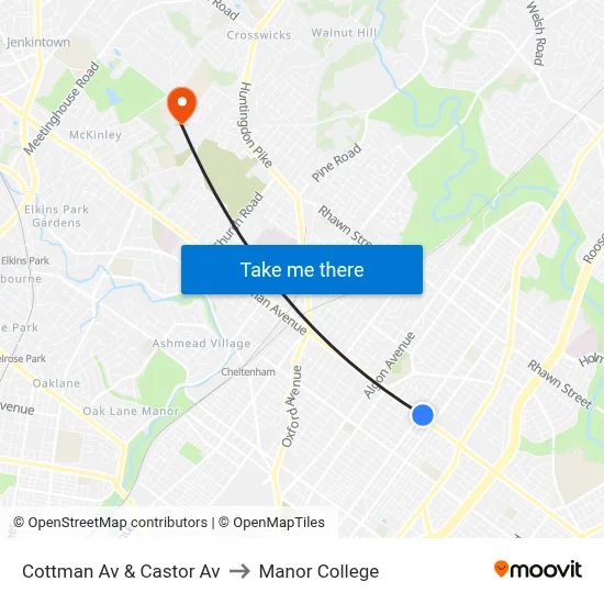 Cottman Av & Castor Av to Manor College map