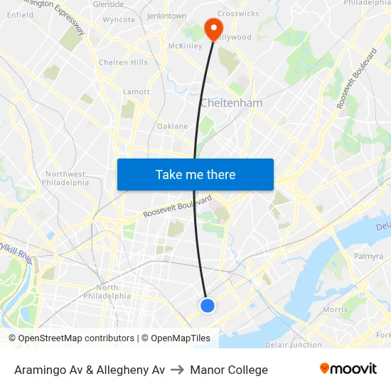 Aramingo Av & Allegheny Av to Manor College map