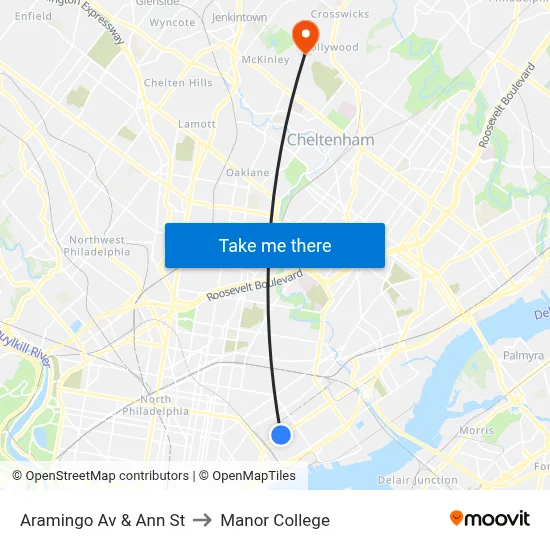 Aramingo Av & Ann St to Manor College map