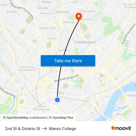 2nd St & Ontario St to Manor College map