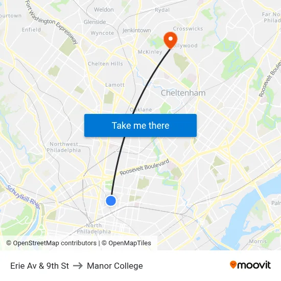 Erie Av & 9th St to Manor College map