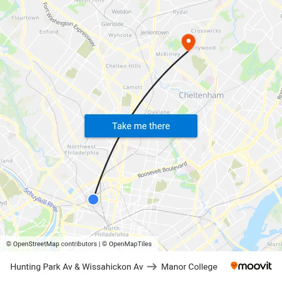 Hunting Park Av & Wissahickon Av to Manor College map