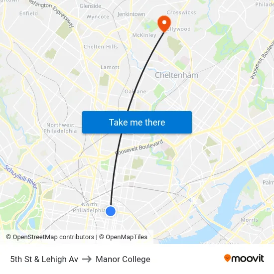 5th St & Lehigh Av to Manor College map