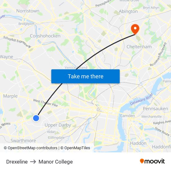 Drexeline to Manor College map