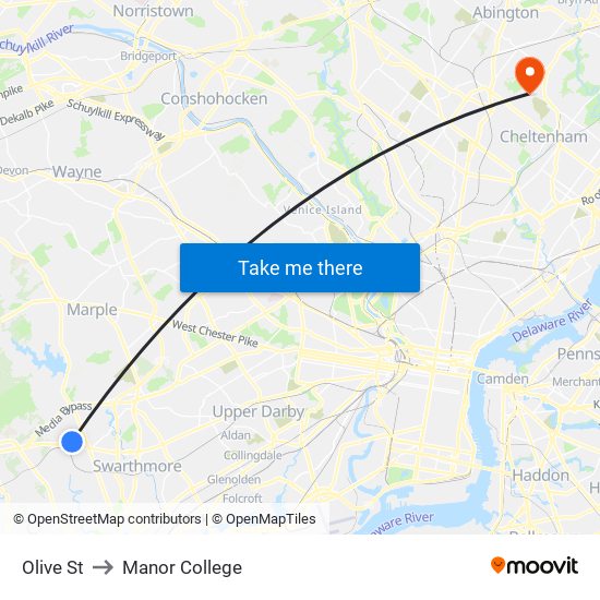 Olive St to Manor College map