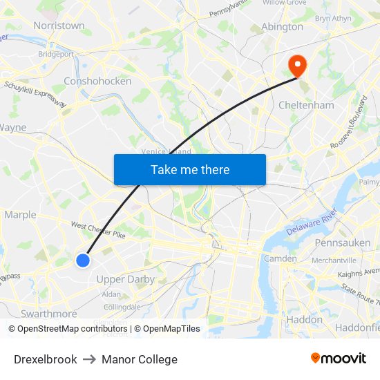 Drexelbrook to Manor College map