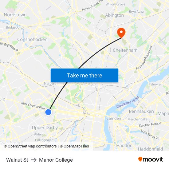 Walnut St to Manor College map