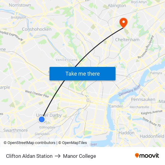 Clifton Aldan Station to Manor College map