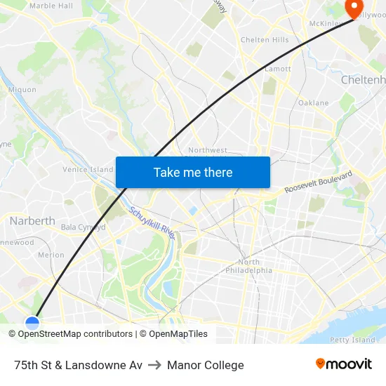 75th St & Lansdowne Av to Manor College map
