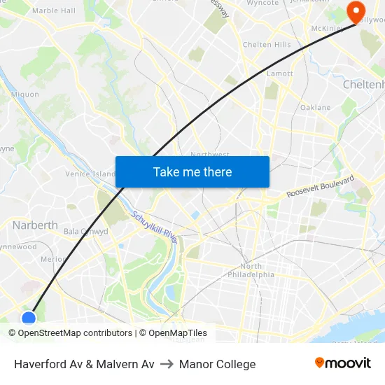 Haverford Av & Malvern Av to Manor College map