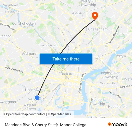 Macdade Blvd & Cherry St to Manor College map