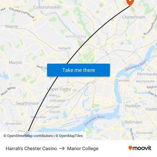 Harrah's Chester Casino to Manor College map