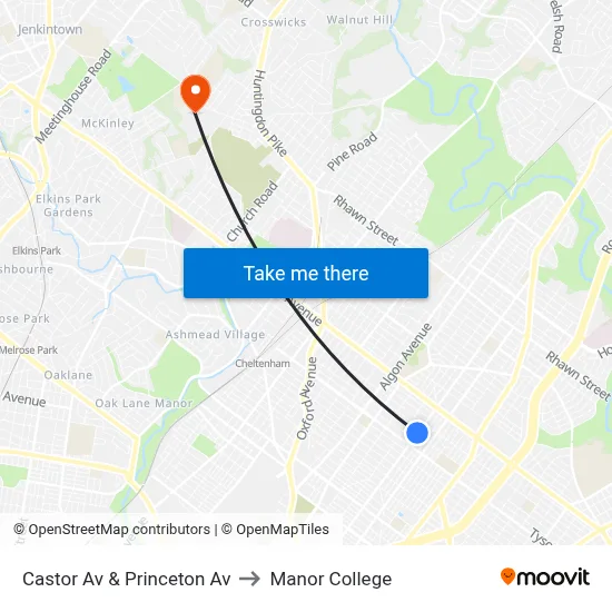 Castor Av & Princeton Av to Manor College map