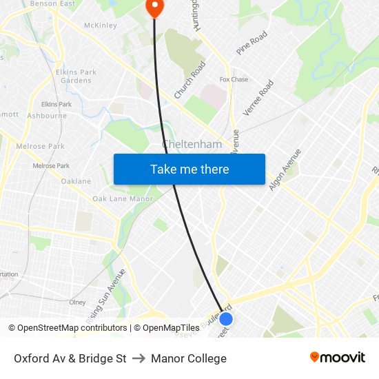 Oxford Av & Bridge St to Manor College map