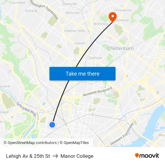 Lehigh Av & 25th St to Manor College map