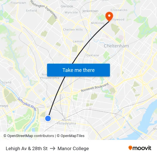 Lehigh Av & 28th St to Manor College map