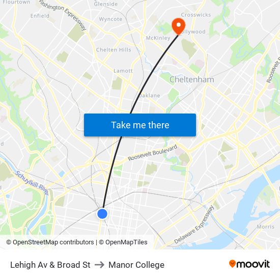 Lehigh Av & Broad St to Manor College map