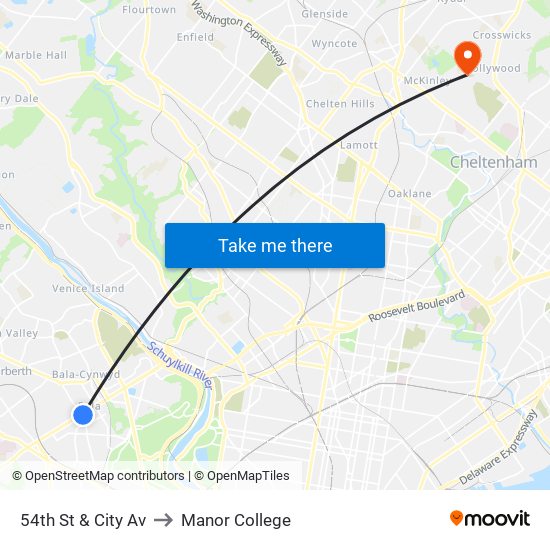 54th St & City Av to Manor College map