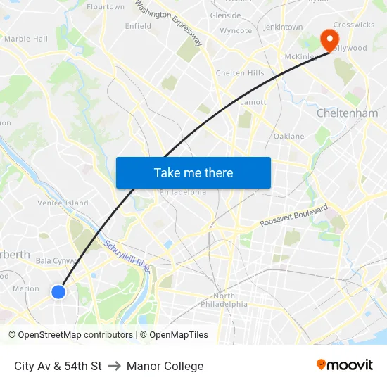 City Av & 54th St to Manor College map