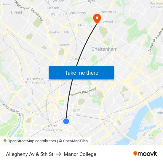 Allegheny Av & 5th St to Manor College map