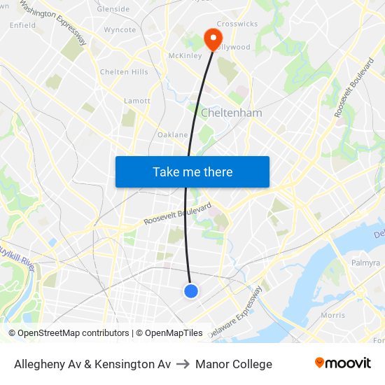 Allegheny Av & Kensington Av to Manor College map