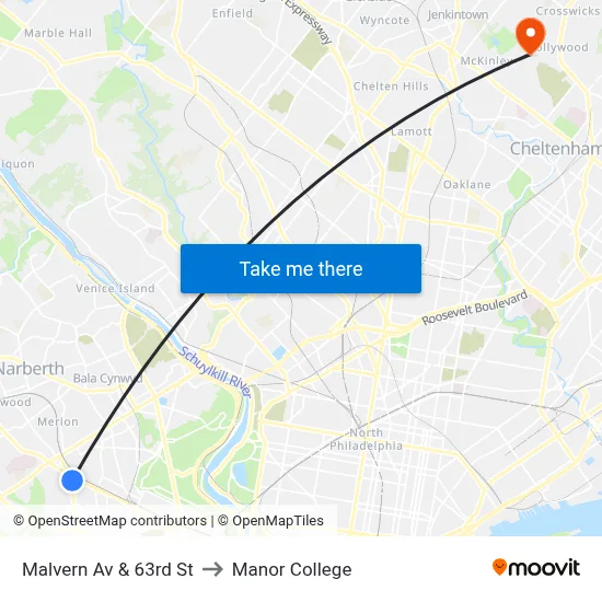 Malvern Av & 63rd St to Manor College map