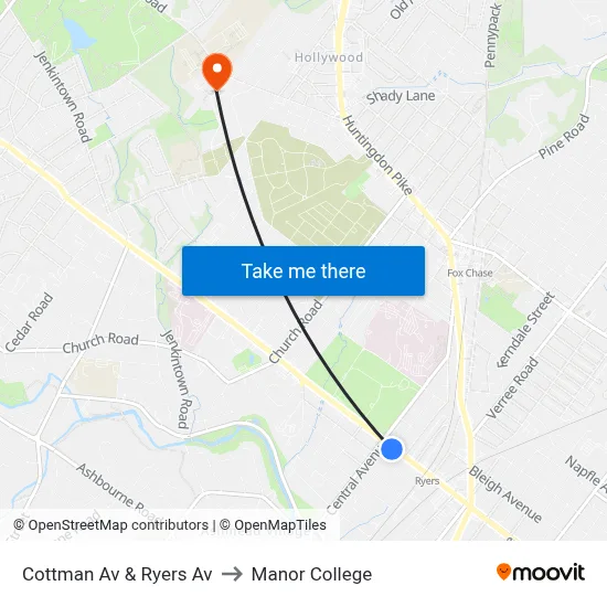Cottman Av & Ryers Av to Manor College map