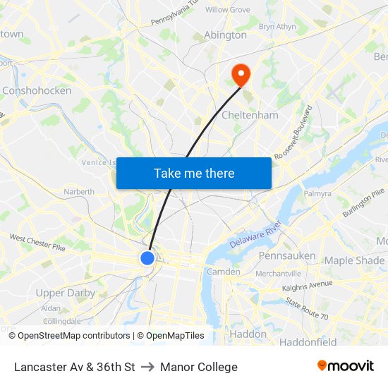 Lancaster Av & 36th St to Manor College map