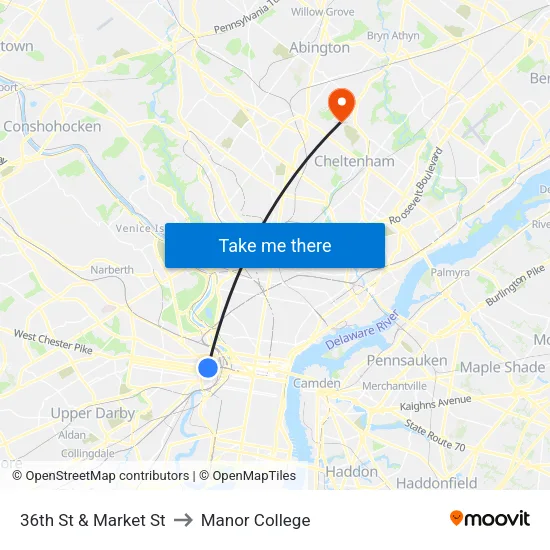 36th St & Market St to Manor College map