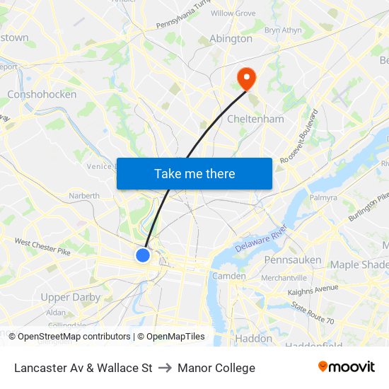 Lancaster Av & Wallace St to Manor College map