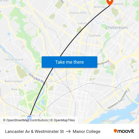 Lancaster Av & Westminster St to Manor College map