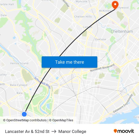 Lancaster Av & 52nd St to Manor College map