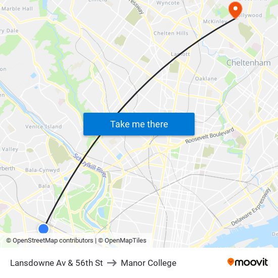 Lansdowne Av & 56th St to Manor College map