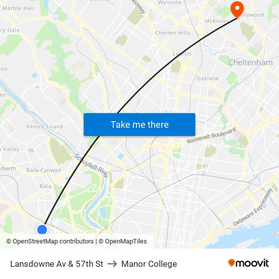 Lansdowne Av & 57th St to Manor College map