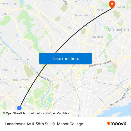 Lansdowne Av & 58th St to Manor College map