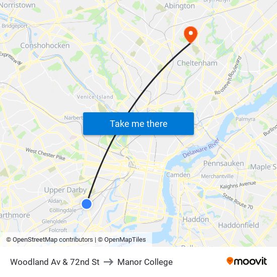 Woodland Av & 72nd St to Manor College map