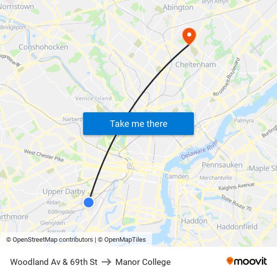 Woodland Av & 69th St to Manor College map