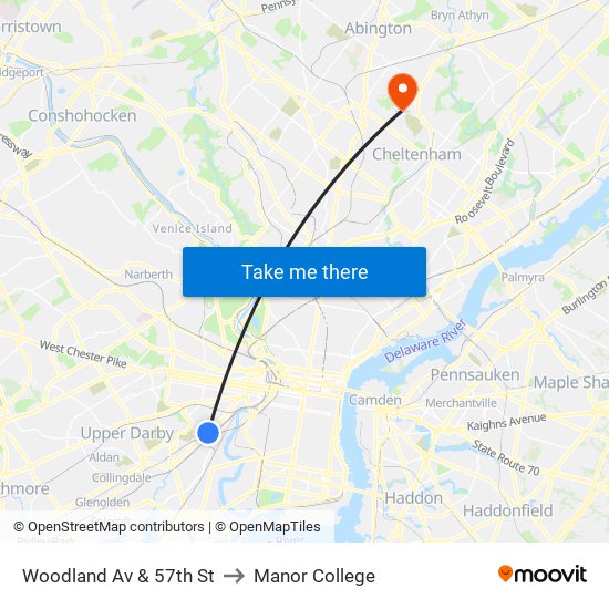 Woodland Av & 57th St to Manor College map