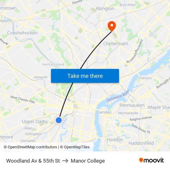 Woodland Av & 55th St to Manor College map