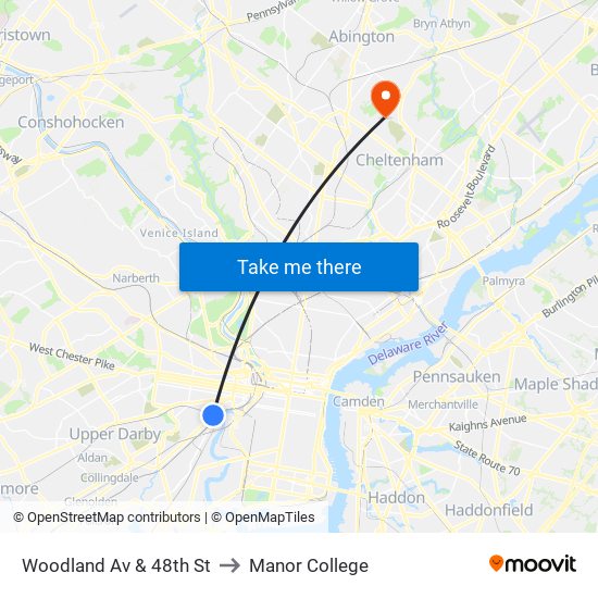 Woodland Av & 48th St to Manor College map