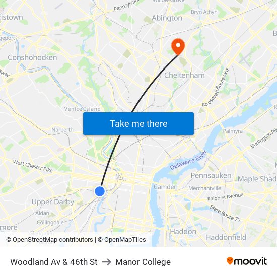 Woodland Av & 46th St to Manor College map