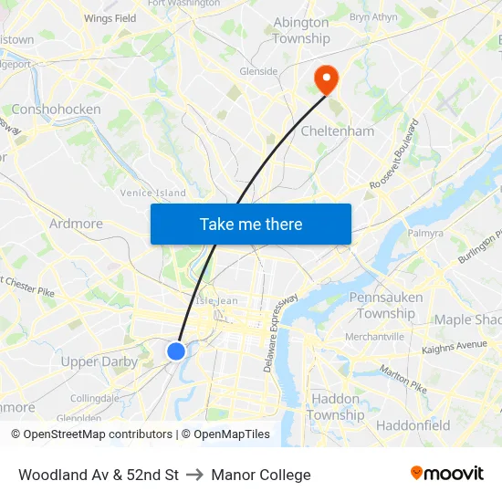 Woodland Av & 52nd St to Manor College map