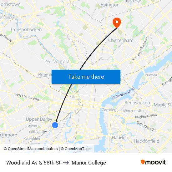 Woodland Av & 68th St to Manor College map