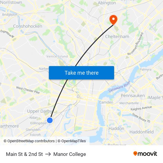 Main St & 2nd St to Manor College map