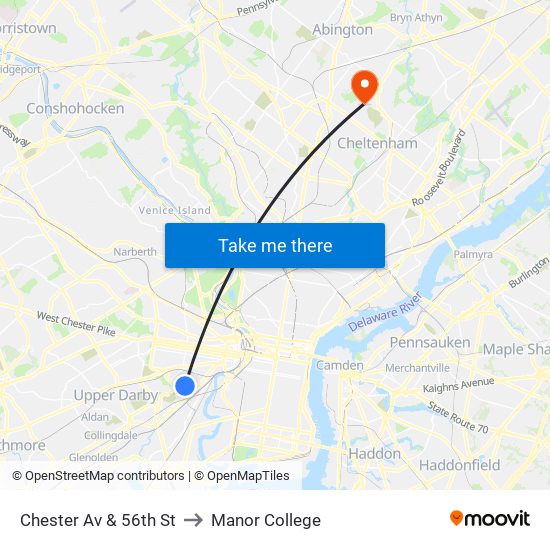 Chester Av & 56th St to Manor College map