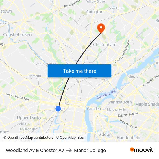 Woodland Av & Chester Av to Manor College map