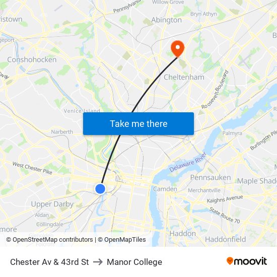 Chester Av & 43rd St to Manor College map