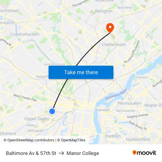 Baltimore Av & 57th St to Manor College map
