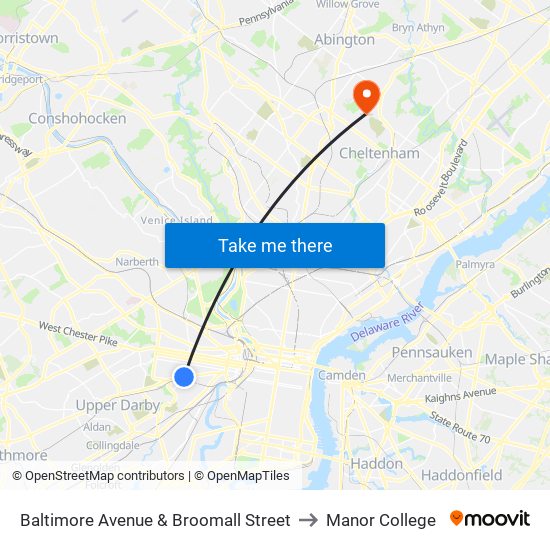 Baltimore Avenue & Broomall Street to Manor College map